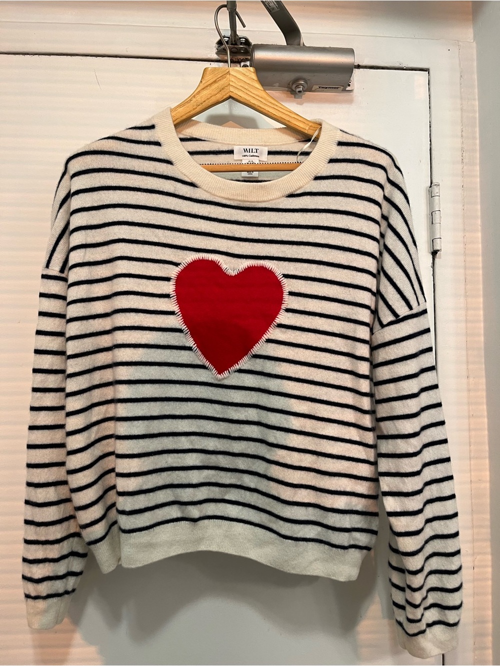 WILT Cream & Dark Navy Striped Crewneck Sweater with Red Heart Patch